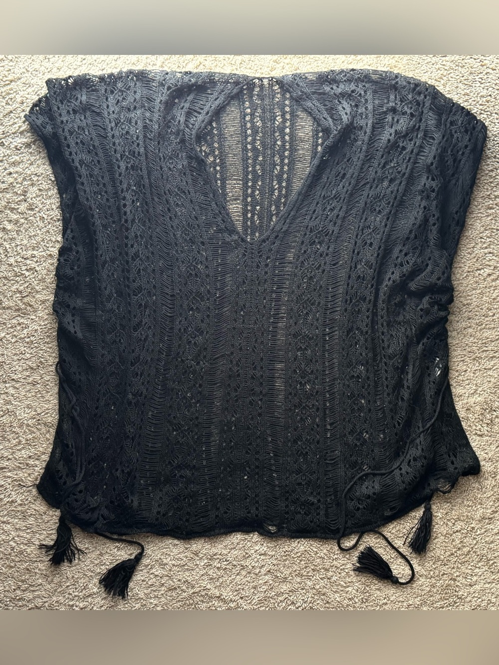Black Crochet Tassel Swim Cover Up Poncho One Size